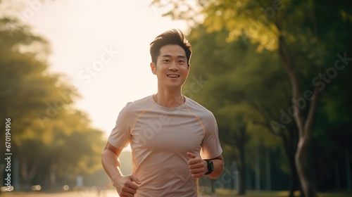 Young Asian man is jogging outside