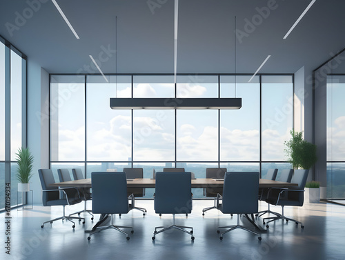 Empty conference room with desk and chairs, business meeting room, empty seminar or training room, business discussion area, business meeting room interior © Akilmazumder