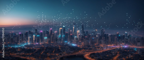 Modern Futuristic city. Skyscrapers buildings with digital hologram glowing lights