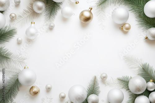 Merry Christmas and Happy New Year background with Christmas decorations on white background with copy space. 