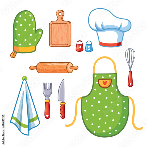 Cute vector set of kitchenware, appliance and protective garment. Cooking utensils in cartoon style.