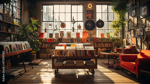 A vintage record store interior, showcasing shelves of vinyl records, vintage posters, and a retro turntable