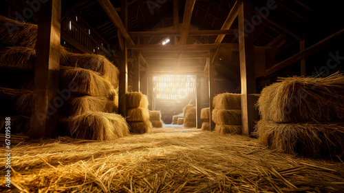 Dry hay stacks in rural wooden barn interior on the farm. photo