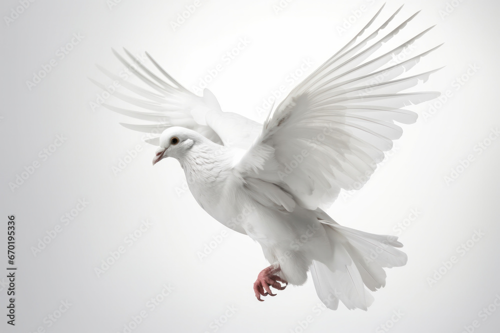 Obraz premium The breathtaking beauty and grace of this white bird in flight, with wings spread wide and soaring through the sky. AI Generative.
