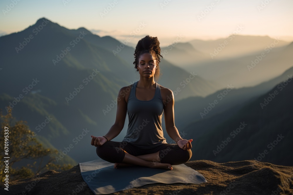 A young African American woman meditates on the top of a mountain.