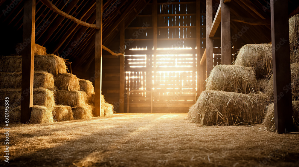 Dry hay stacks in rural wooden barn interior on the farm. - obrazy, fototapety, plakaty 