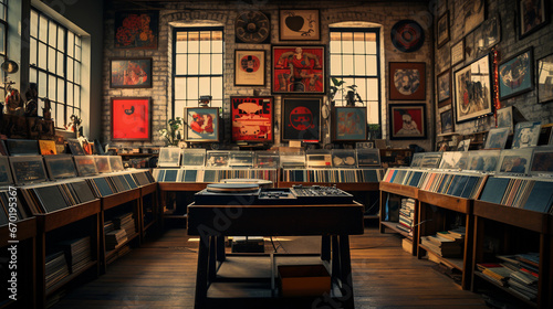 A vintage record store interior  showcasing shelves of vinyl records  vintage posters  and a retro turntable