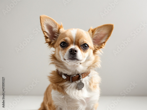 Chihuahua dog isolated on a light white background. Backdrop with copy space