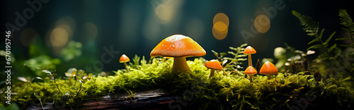 Edible orange - cap mushroom growing in green moss. Leccinum aurantiacum.