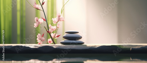 Minimalist tranquil meditation Zen garden pool with stacked stones, rock balancing art, mind and spirit in stillness, calming and relaxing.