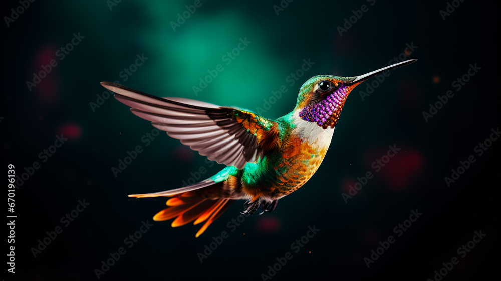 Fototapeta premium Flying hummingbird on transparent colored background.