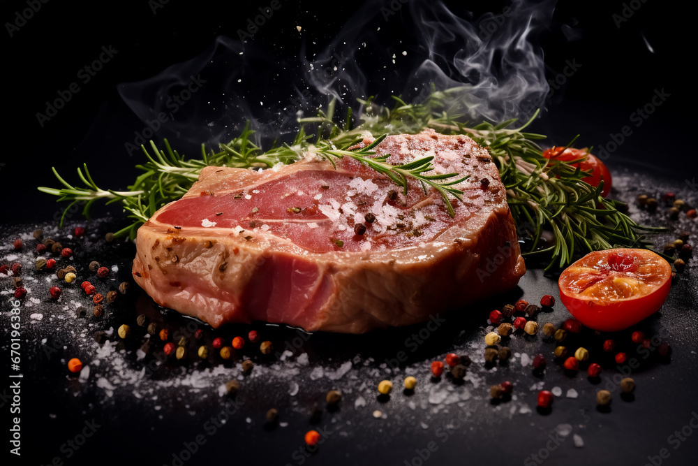 Fresh, raw pork steak with spices on a dark background. fresh meat.
