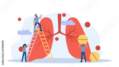 Group of people standing around a large red lung. Ladder attached to lung, and the people are all wearing blue shirts and jeans. People smiling and looking at the lung vector illustration