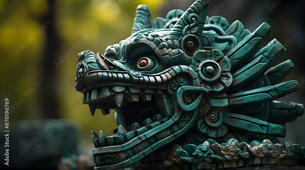 Piedra y cultura: El legado de los aztecas escultura de Quetzalcóatl la serpiente emplumada - obrazy, fototapety, plakaty 