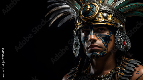 hombre águila guerrero azteca con traje ceremonial y fondo negro 