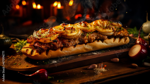 Georgian cuisine - lulia kebab, with grilled onions, traditional Georgian cuisine, on bread. photo