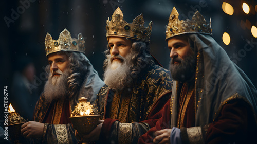 the Holy Three Kings, with majestic attire as the background context, during a vibrant Epiphany celebration