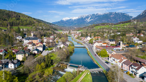 Aerial view of idyllic village Payerbach at the historic Semmering railway in Austria
