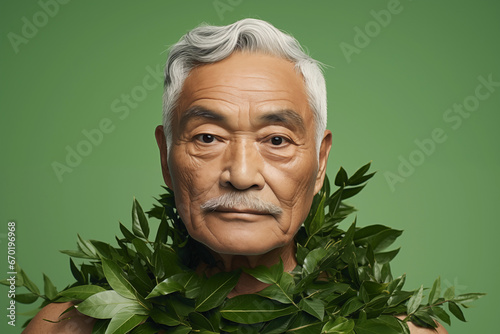 Generative AI image of old hispanic man with green leaves representing nature harmony photo