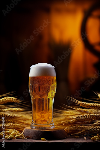 Glass of beer sitting on top of table next to some ears of wheat.