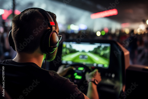 Generative AI illustration of back view of anonymous focused gamer wearing headphones and playing virtual car racing game using a realistic steering wheel controller