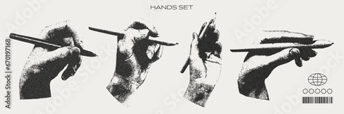 Hands hold pen. Retro photocopy effect. Trendy y2k elements for design. Grain effect and stippling. Vector dots texture.