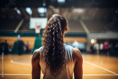 Generative AI illustration back view of portrait anonymous female basketball player inside a basketball stadium in blurred background photo