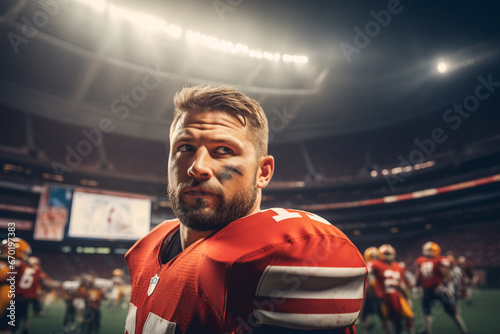 Generative AI illustration portrait of serious man rugby player inside a stadium while looking away in blurred background photo