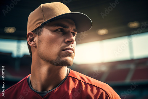 Generative AI illustration portrait of baseball player at the stadium while wearing a cap and looking away in blurred background photo