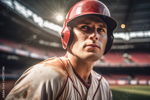 Generative AI illustration portrait of baseball player at the stadium while wearing a helmet and looking away in blurred background photo