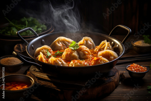 Generative AI illustration of rustic setting captures freshly steamed chinese dumplings nestled in a cast iron skillet placed on wooden table near bowls with different ingredients in blurred kitchen photo