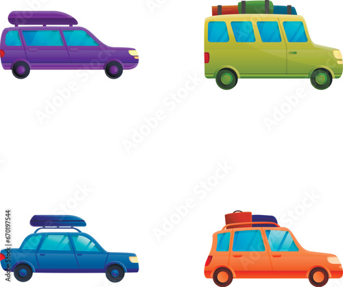 Autotravel icons set cartoon vector. Car with luggage on roof. Road trip, travel concept