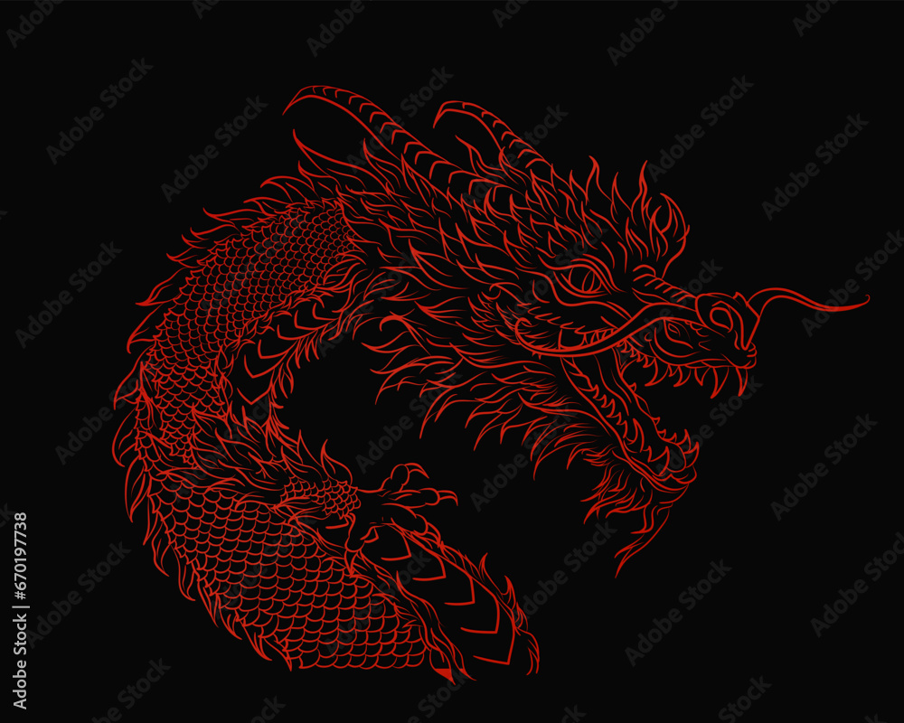 Fototapeta premium Red silhouette of outline dragon snake on black background. Gothic poster with Asian mythology reptile and zodiac astrology sign for t-shirts of tattoo