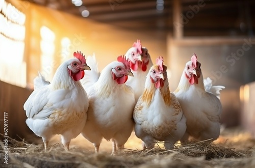 Group of Chickens Roaming Indoors in Farm Yard. Generative ai