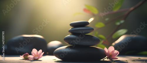 Minimalist tranquil meditation Zen garden with candles and stacked rock balancing stones art.