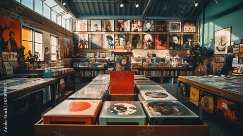 A vintage record store interior, showcasing shelves of vinyl records, vintage posters, and a retro turntable photo
