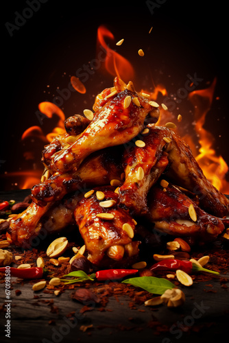Grilled chicken wings with BBQ sauce and nuts. Healthy and tasty food concept.
