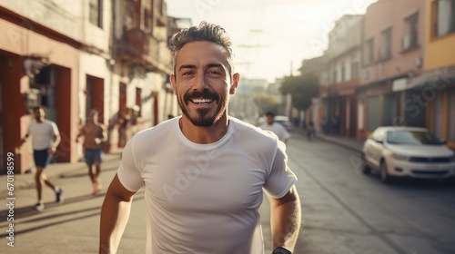 Mid adult Mexican man is jogging outside