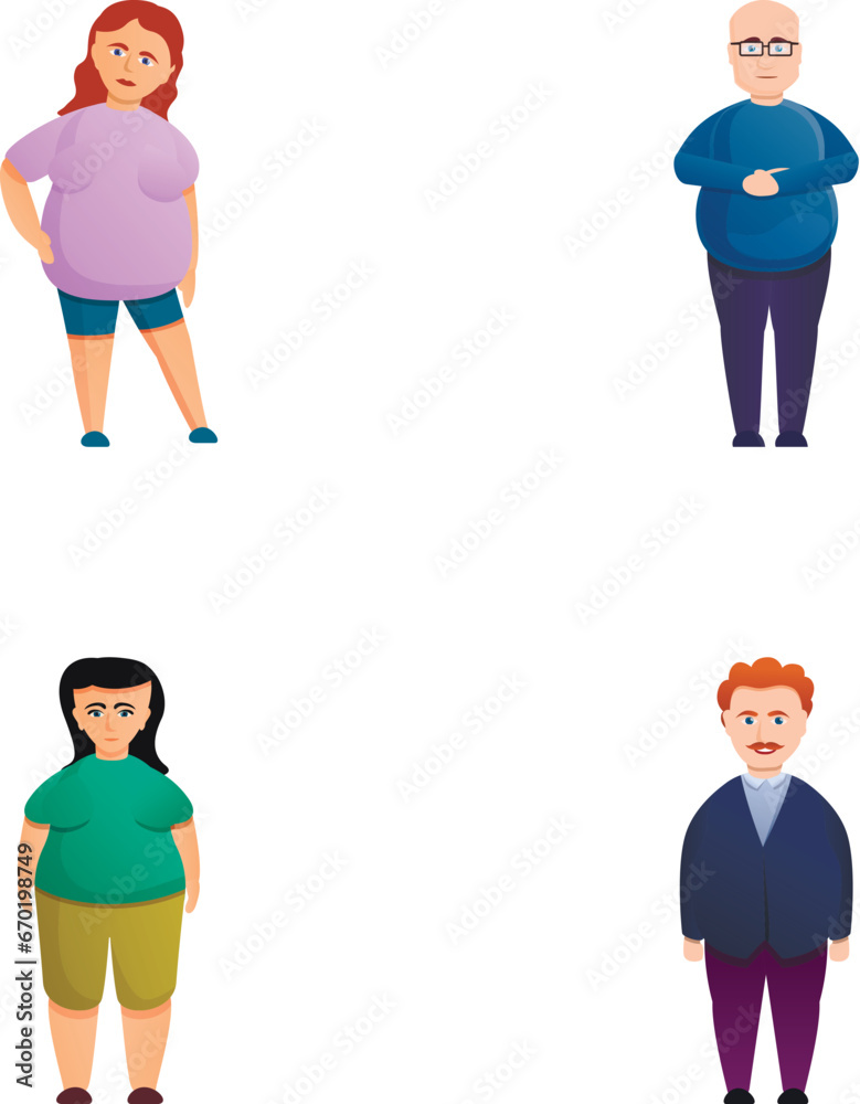 Overweight person icons set cartoon vector. Man and woman overweight. Obese, health problem