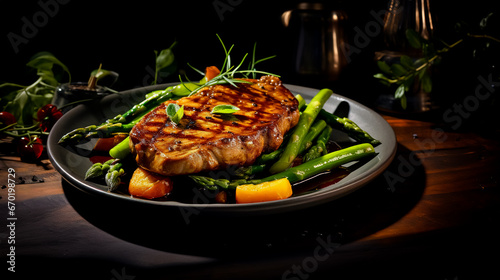 Grilled pork steak with a bone in a sweet honey glaze and vegetable stew with green beans.