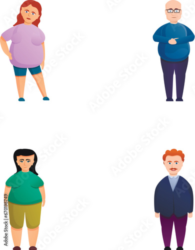 Overweight person icons set cartoon vector. Man and woman overweight. Obese, health problem