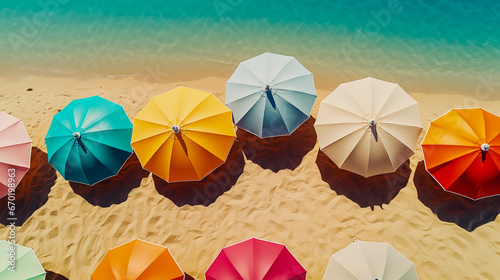 Group of multicolour sun umbrella in the beach. Summer and vacation concept aerial, top view. photo