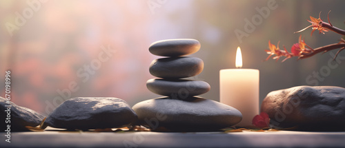 Minimalist tranquil meditation Zen garden with candles and stacked rock balancing stones art. 