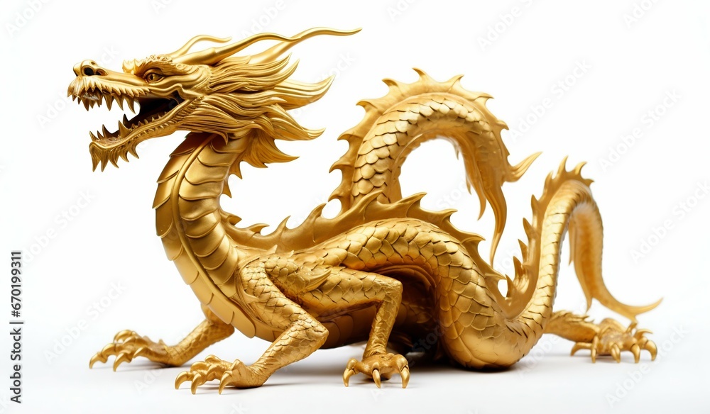 Fototapeta premium Majestic Golden Dragon Statue on White. Generative ai