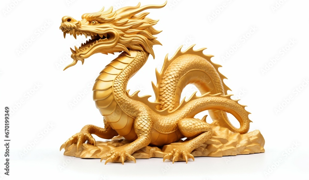 Obraz premium Majestic Golden Dragon Statue on White. Generative ai