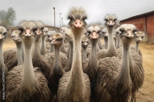 Feathered Gathering: Ostrich Group Graces the Farm Yard Indoors. Generative ai