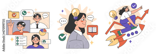 Training workshop set. Interactive training process. Professional development. Increasing of business competences and skills. Flat vector illustration