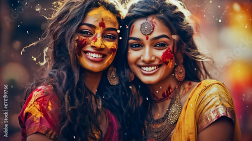 Indian young woman celebrating Holi festival with traditional dresses and ornaments.