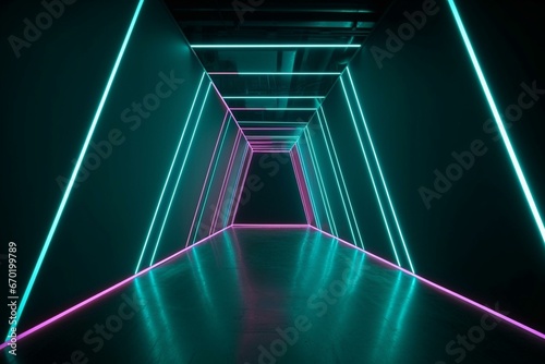 Neon-lit geometric shape in dark tunnel with laser glow. Generative AI