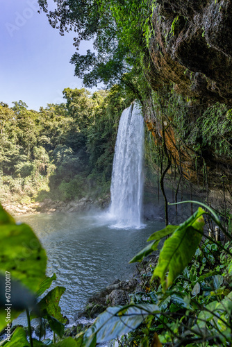 Beautiful Misol-Ha waterfall in the jungle in Mexico.